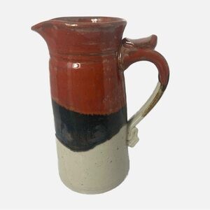 Vintage Art Pottery Handmade Pitcher Drip Glaze Rust Black Handle Signed Artist